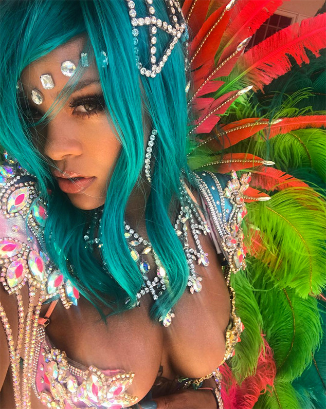 Rihanna Rocks Blue Hair And A Bedazzled Bikini For Barbados Carnival